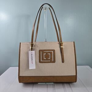 Liz Claiborne Canvas Tote Adj Straps Beige w/Brown & Gold Accents Snap Closure